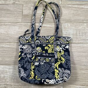 Vera Bradley Tote Bag Floral Quilted Cotton Black Yellow Gray Shoulder Purse